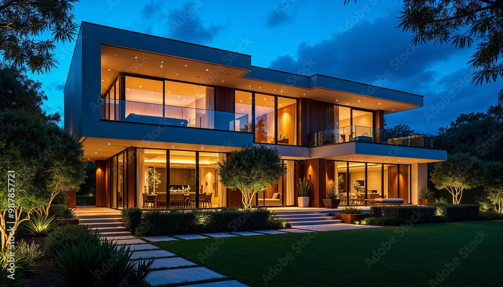 Obraz premium Striking contemporary house illuminated at night, showcasing sleek lines and lush landscaping.