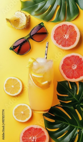 Citrus drink with mint and fresh fruits on a vibrant yellow background