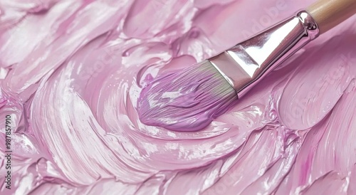 A close-up of a paintbrush applying lavender paint to a textured canvas surfa...