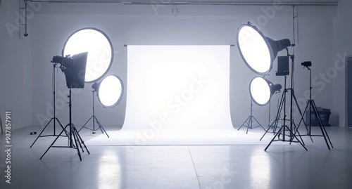 A professional photography studio setup featuring multiple lights arranged ar...