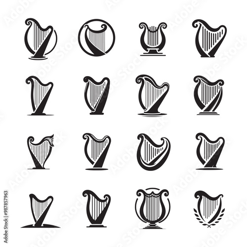 Set of Harp Silhouette Logos in Vector Format