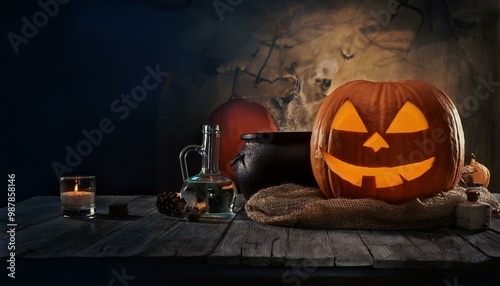 The image captures a cozy Halloween scene featuring a pumpkin, a cauldron, a bottle of alcohol, and a skull.