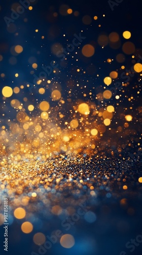 Glittering golden particles create a magical atmosphere in a dark setting wit...