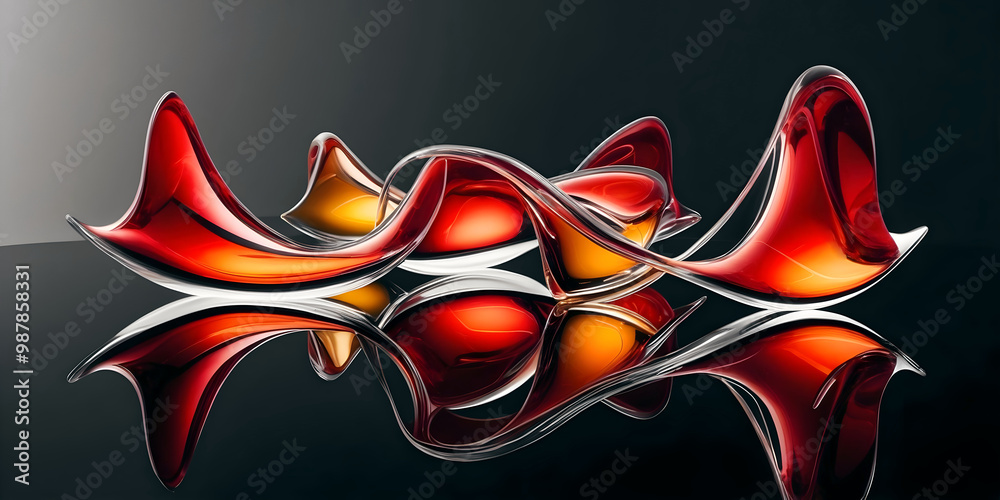 Abstract elegant background, artistic shapes made of glass, red, yellow orange template, modern shiny wallpaper, copy space area