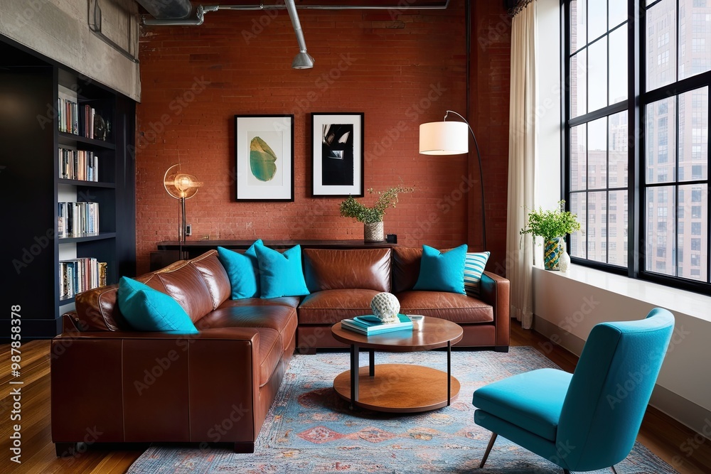 Chic Urban Loft Living Room Featuring Leather Sectional and Turquoise Accent Pillows