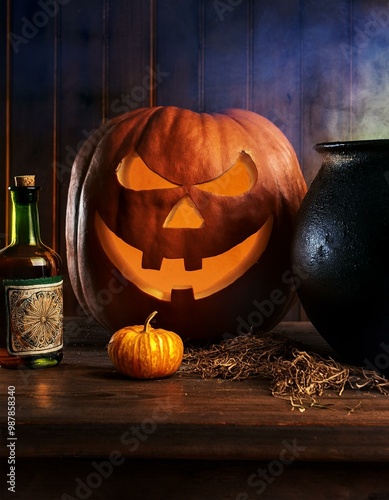 The image features a Halloween scene with a large carved pumpkin, a small pumpkin, a bottle of alcohol, a black pot, and a vase with a flower, all set against a dark background.