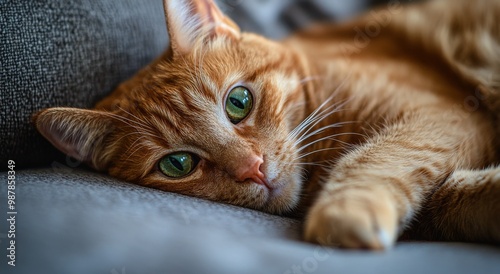 A close-up view of a relaxed orange cat lounging comfortably on a soft surface