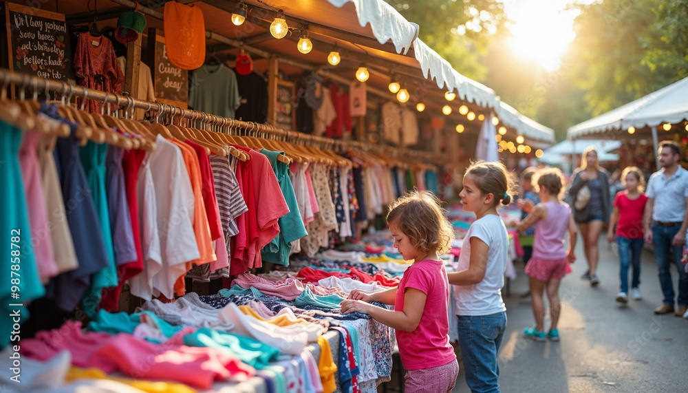 Flea market stall with gently used children’s clothing, promoting sustainable shopping. Flea market stall with gently used children’s clothing, promoting sustainable shopping.