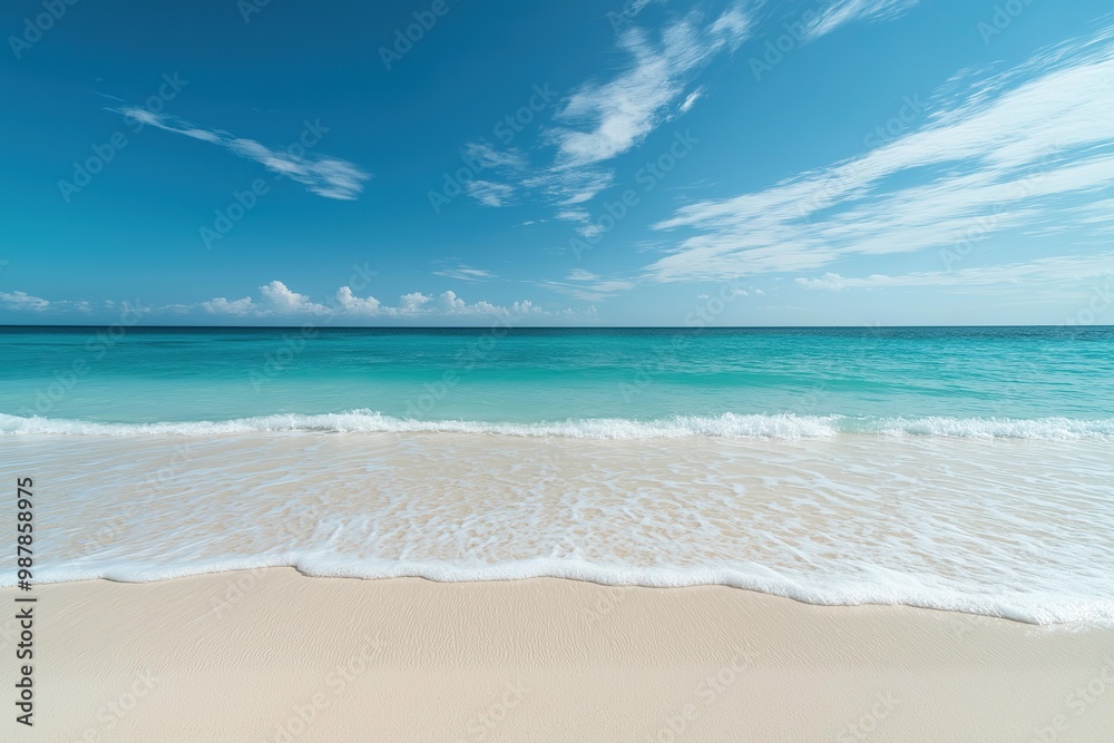 Fototapeta premium A serene beach with soft white sand and gentle waves under a clear blue sky, inviting relaxation and tranquility during a sunny day