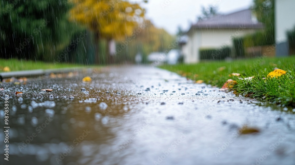 Rain-soaked street in autumn with fallen leaves and blurred cars in the background Rain-soaked street in autumn with fallen leaves and blurred cars in the background