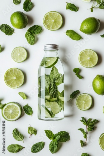 Refreshing water infused with mint and lime on a clean background with green ...