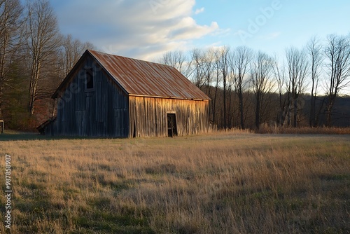 Rustic Old Barn in a Field with Golden Light and Trees