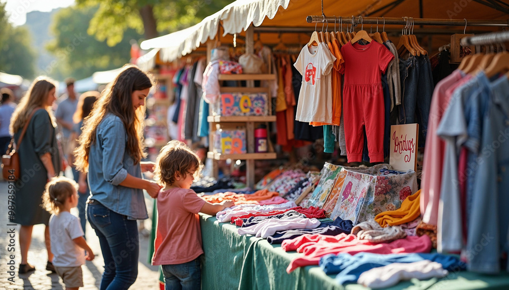 Fototapeta premium Flea market stall with gently used children’s clothing, promoting sustainable shopping.