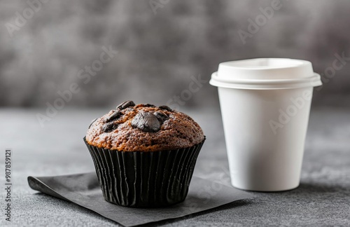 Coffee and chocolate chip muffin on a gray surface for a delightful morning s...