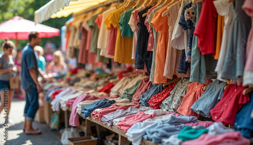 Flea market stall with gently used children’s clothing, promoting sustainable shopping.