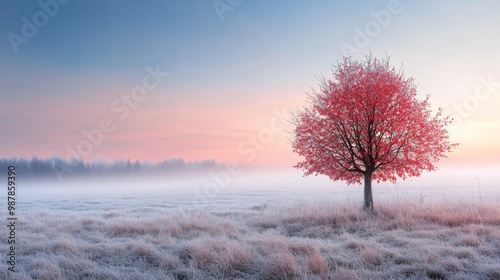 Frosty morning landscape with a vibrant red tree against a sunrise backdrop i...