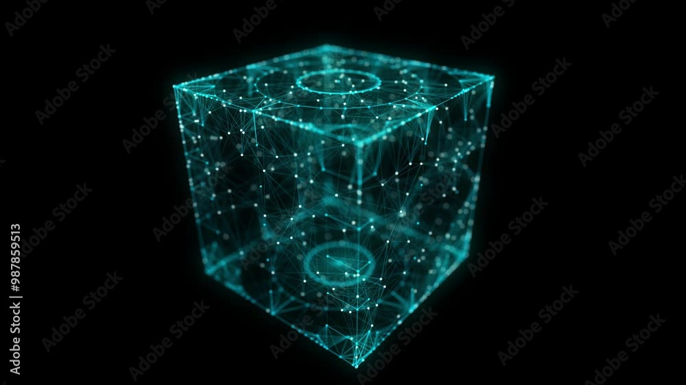 Abstract blue cube on black background. Wireframe square structure with glowing particles and lines. Futuristic digital illustration. 3D rendering.