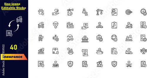 Insurance and assurance icon set, featuring icons for healthcare, medical, life, car, home, and travel insurance. Editable stroke vector icon collection.