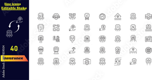 Insurance and assurance icon set, featuring icons for healthcare, medical, life, car, home, and travel insurance. Editable stroke vector icon collection.