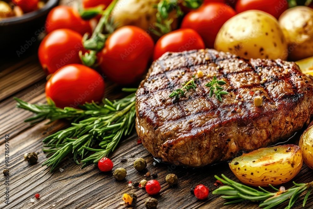 Beef steak with baked potatoes and fresh veggies on wood table Beef steak with baked potatoes and fresh veggies on wood table