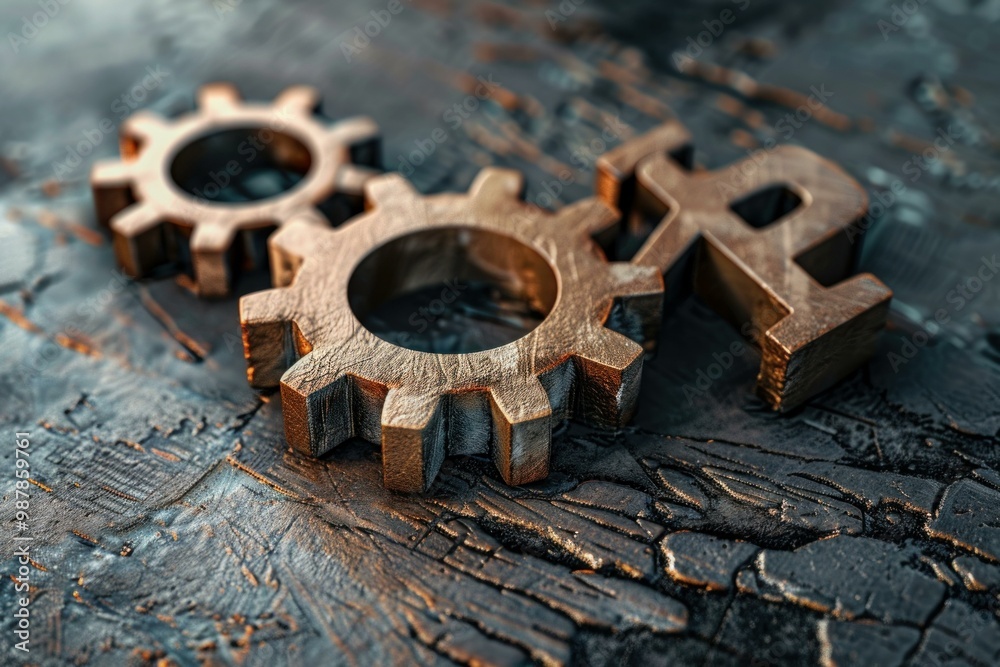 Two bronze gears laying on a dark wooden surface with the acronym for artificial intelligence, ai Two bronze gears laying on a dark wooden surface with the acronym for artificial intelligence, ai