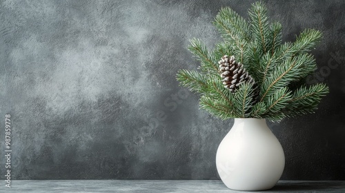 Elegant white vase with pine branches and a pine cone displayed on a minimali...