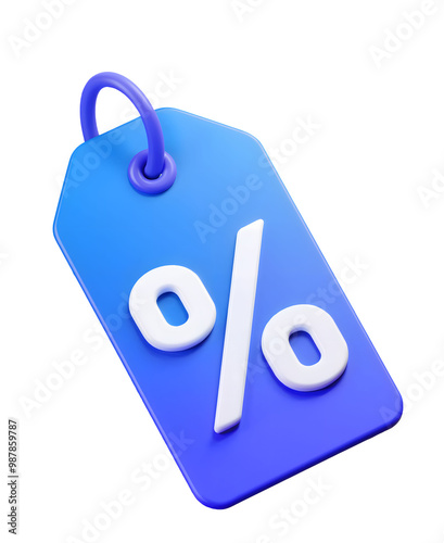 3D Rendered Blue Price Tag with White Percentage Symbol and Purple Loop for Discount or Sale Promotion