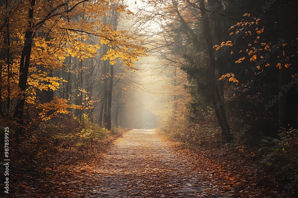 Mystical autumn forest path with fog and golden leaves Mystical autumn forest path with fog and golden leaves