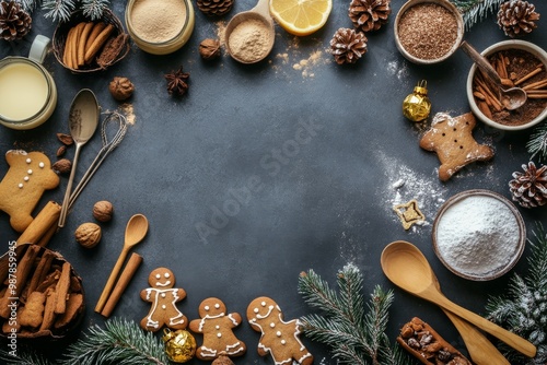 Festive baking ingredients and decorations arranged on a dark table near Chri...