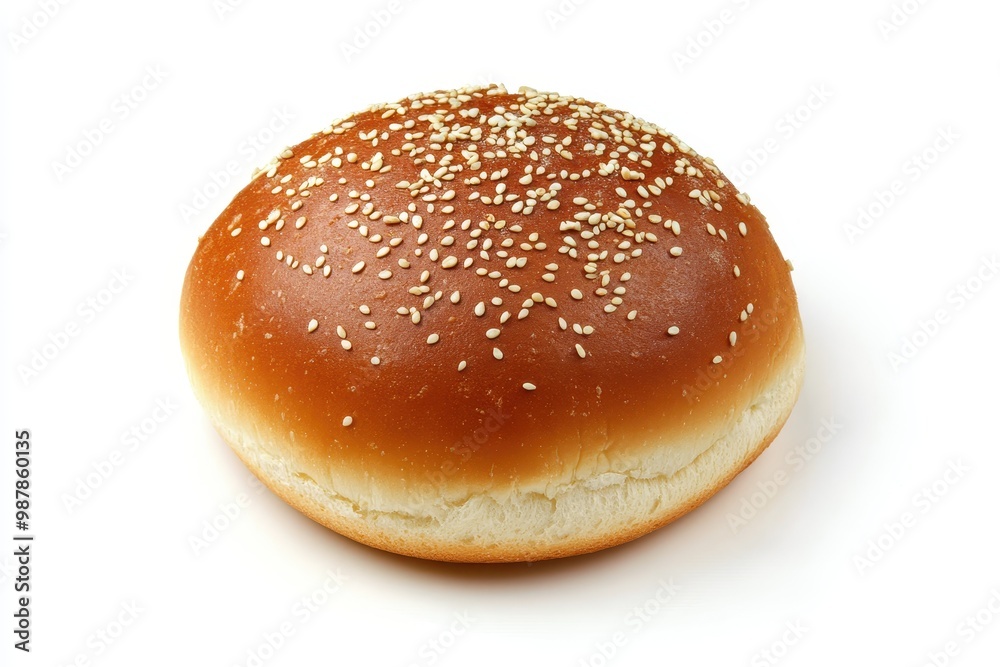 Bird s eye view of a sesame seeded hamburger bun on a white backdrop showcasing its fresh golden brown hue Bird s eye view of a sesame seeded hamburger bun on a white backdrop showcasing its fresh golden brown hue