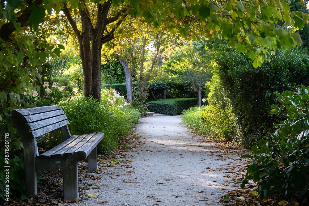 Empty wooden bench on a gravel path in a garden with green trees and bushes Empty wooden bench on a gravel path in a garden with green trees and bushes