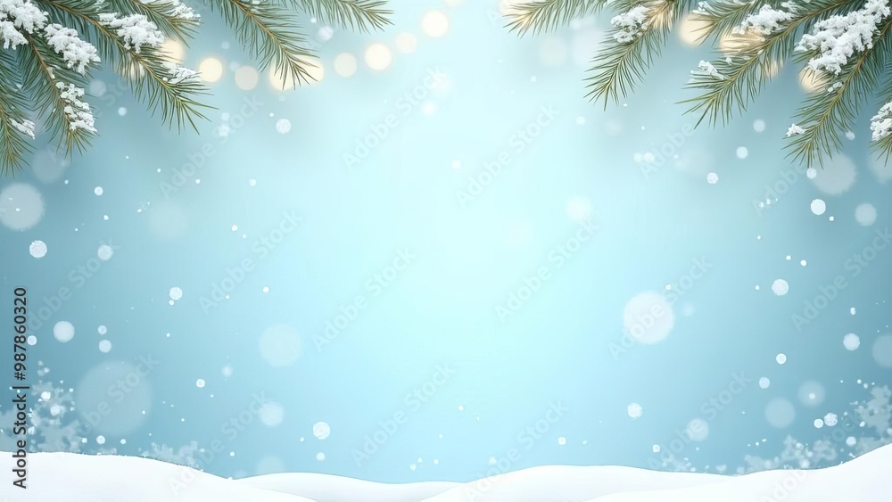 Snowy pine branches and fairy lights on soft blue background Snowy pine branches and fairy lights on soft blue background