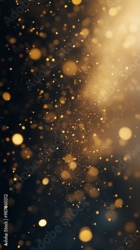 Golden particles dancing in the air against a dark background create a magica...