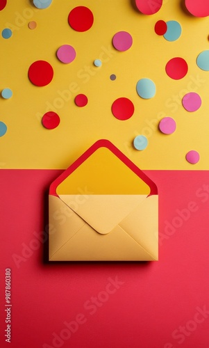Colorful envelope with yellow card and confetti on vibrant red and yellow bac...