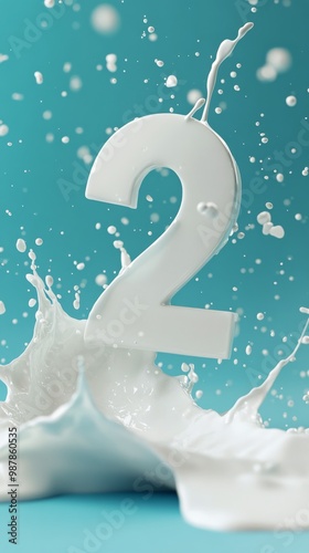 Dynamic water splash creating the number two against a vibrant blue background