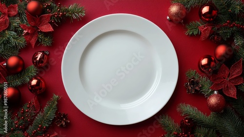 A festive empty plate surrounded by Christmas decorations on a vibrant red table