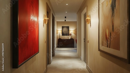 Interior Design of a Hallway with Artwork, Lighting, and Wooden Flooring