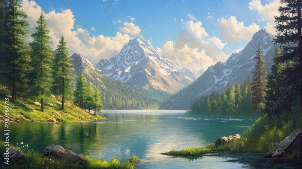 A Serene Mountain Lake with Snow-capped Peaks and Lush Green Trees A Serene Mountain Lake with Snow-capped Peaks and Lush Green Trees