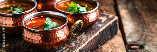 Antique copper mugs filled with mulligatawny soup. Colonial Indian restaurant backdrop. with space for text  photo