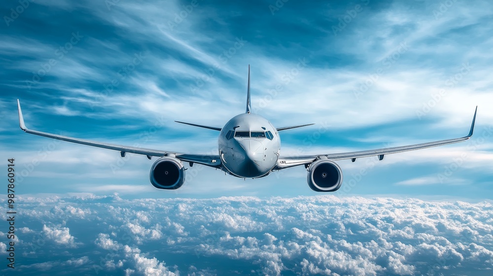 Obraz premium Passenger airplane flying in sky composition background