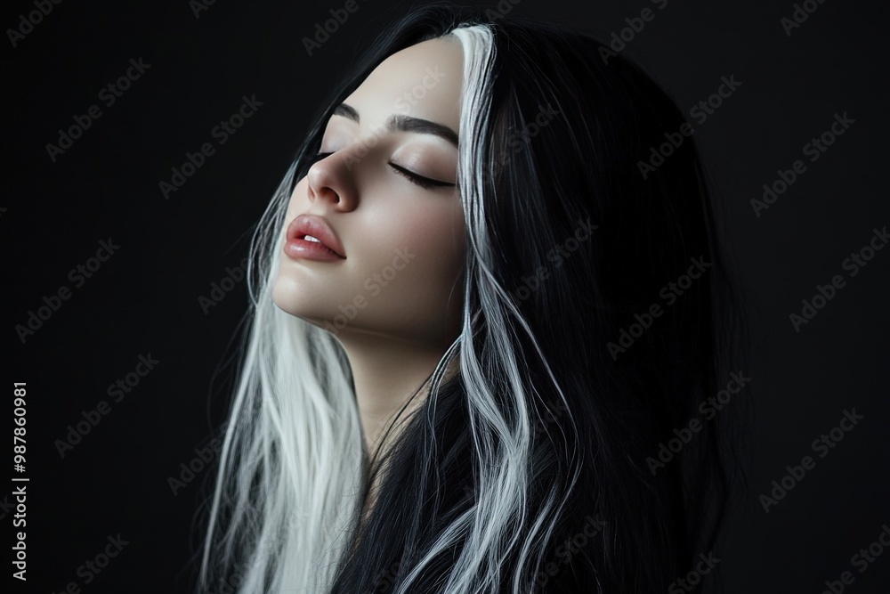 A woman with long black hair and gray streaks, generative ai image A woman with long black hair and gray streaks, generative ai image
