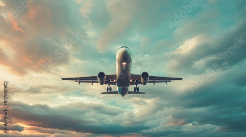 Passenger airplane flying in sky composition background