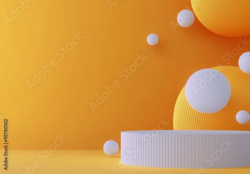 Bright orange background with colorful geometric shapes and a circular displa...