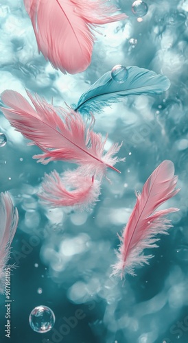 Delicate pink feathers gently float in a shimmering blue background with soft...