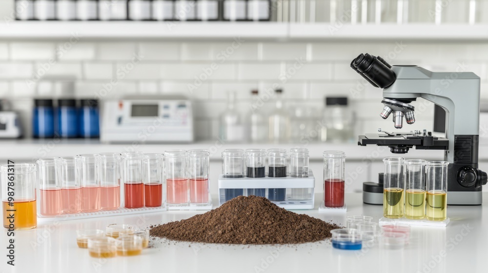 Soil analysis lab with test tubes, microscope, and soil samples spread ...