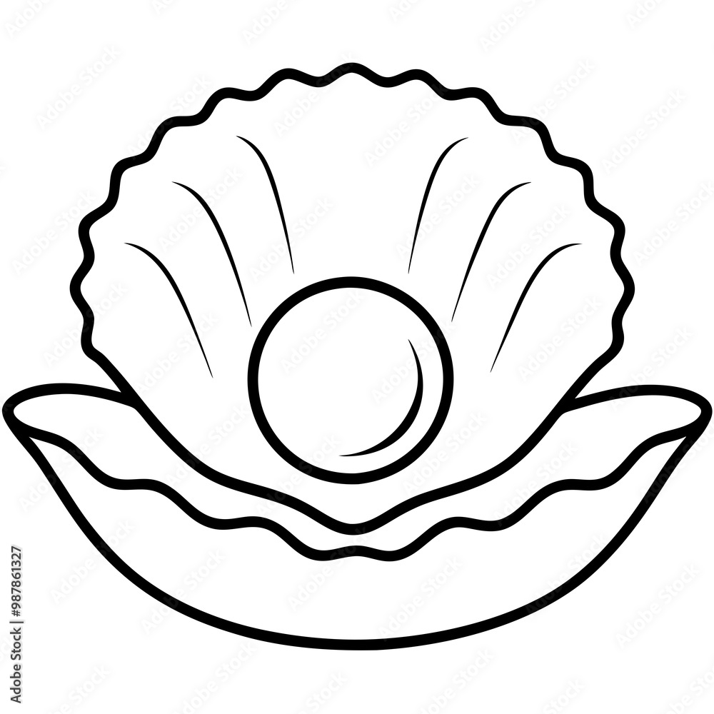 Minimalist Oyster Shell with Pearl and Wavy Lines - Vector Art Minimalist Oyster Shell with Pearl and Wavy Lines - Vector Art