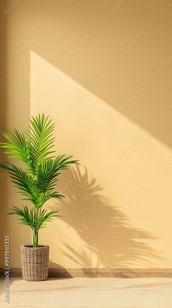 Warm sunlight shining on a palm plant in a cozy corner of a room, creating a peaceful and serene home environment with natural light and soft shadows Warm sunlight shining on a palm plant in a cozy corner of a room, creating a peaceful and serene home environment with natural light and soft shadows