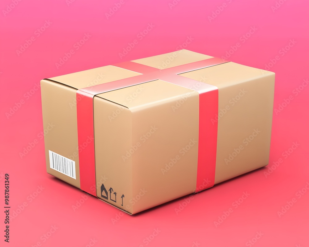 A beautifully wrapped cardboard box with bright red tape, perfect for gift wrapping or shipping items, set against a vibrant pink background. A beautifully wrapped cardboard box with bright red tape, perfect for gift wrapping or shipping items, set against a vibrant pink background.