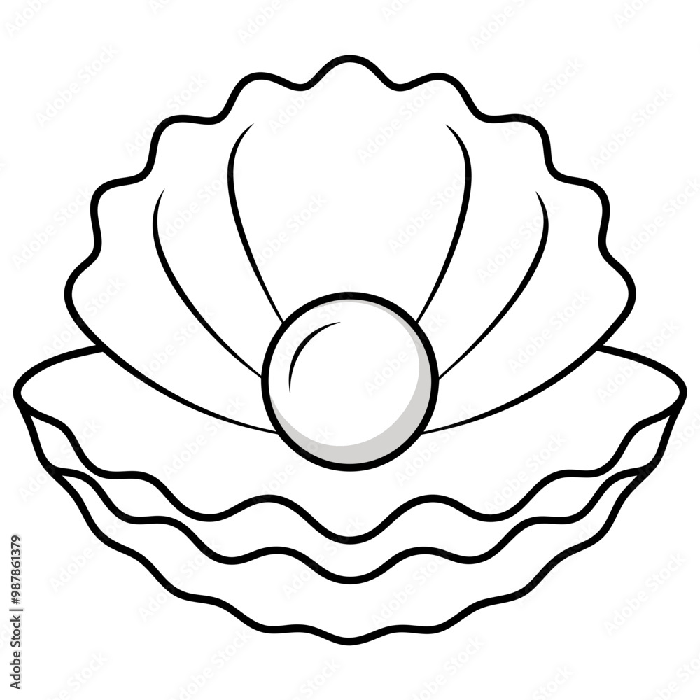 Minimalist Oyster Shell with Pearl and Wavy Lines - Vector Art