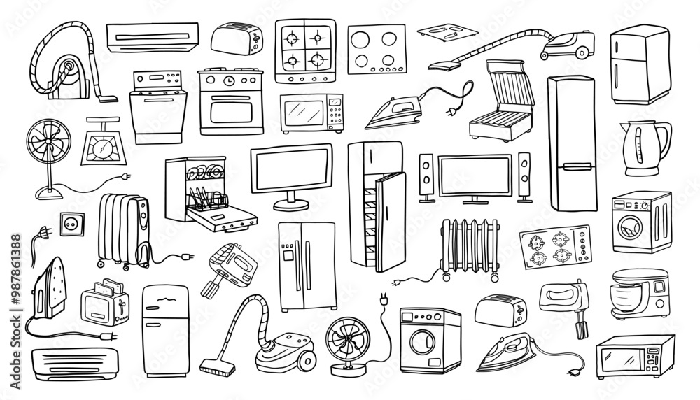Large set of household appliances. TV, refrigerator, mixer, vacuum cleaner, iron, washing machine, dishwasher, heater, microwave, stove, air conditioning, electric kettle, grill. domestic appliance Large set of household appliances. TV, refrigerator, mixer, vacuum cleaner, iron, washing machine, dishwasher, heater, microwave, stove, air conditioning, electric kettle, grill. domestic appliance
